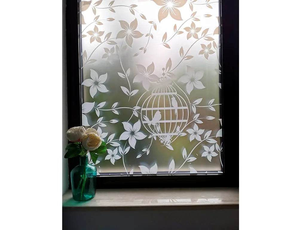 Self-adhesive decorative frosted window film Bird Garden with white floral pattern