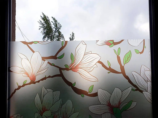 Self-adhesive decorative frosted window film Credenza with multicolored magnolia pattern