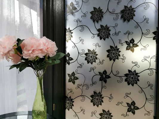 Self-adhesive decorative frosted window film Dora with black floral pattern