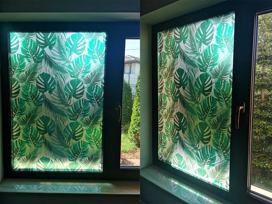 Self-adhesive decorative frosted window film Palmas with tropical pattern with green leaves