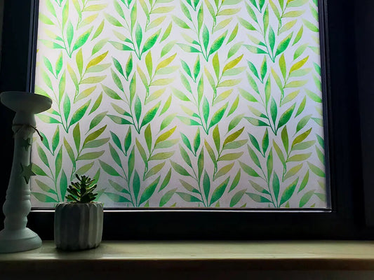 Self-adhesive decorative frosted window film Valeria with green leaves pattern