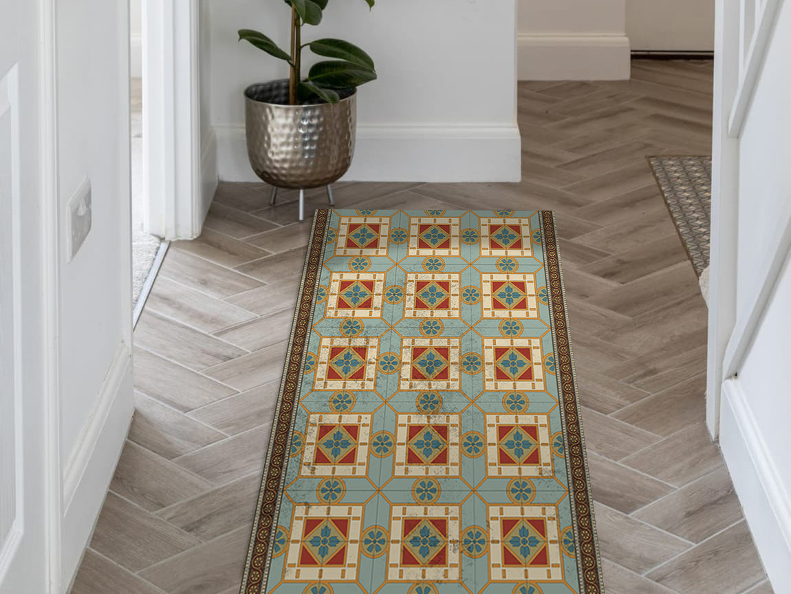 Andalusian vinyl floor mat with vintage tiles – Water-Resistant & Non-Slip for Bathroom, Kitchen, Hallway – 70 cm Width | By the Meter