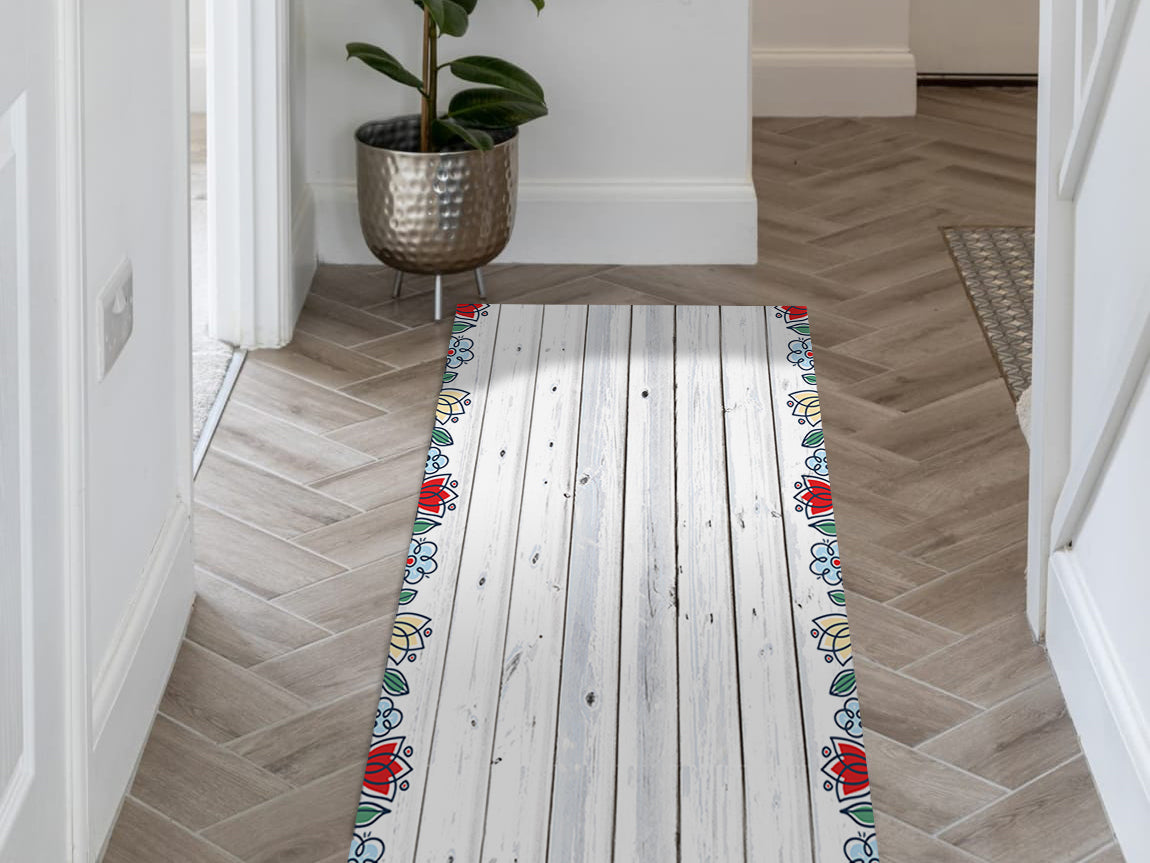 Antigua bianco vinyl floor mat with floral decorative frame – Water-Resistant & Non-Slip for Bathroom, Kitchen, Hallway – 70 cm Width | By the Meter