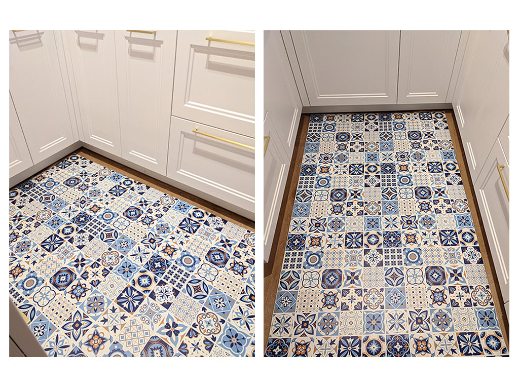 Azulejos vinyl floor mat with blue traditional tiles – Water-Resistant & Non-Slip for Bathroom, Kitchen, Hallway – 70 cm Width | By the Meter