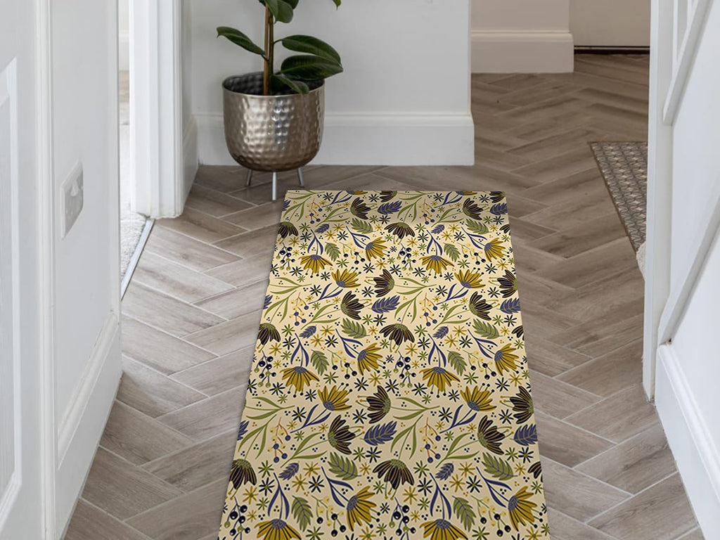 Botanical folk art vinyl floor mat with delicate flowers pattern – Water-Resistant & Non-Slip for Bathroom, Kitchen, Hallway – 70 cm Width | By the Meter
