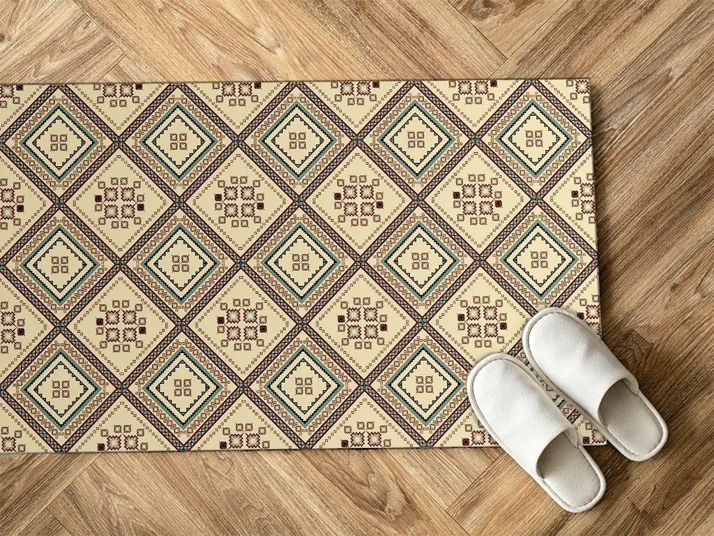 Geometric ethnic pattern vinyl floor mat with tribal design – Water-Resistant & Non-Slip for Bathroom, Kitchen, Hallway – 70 cm Width | By the Meter