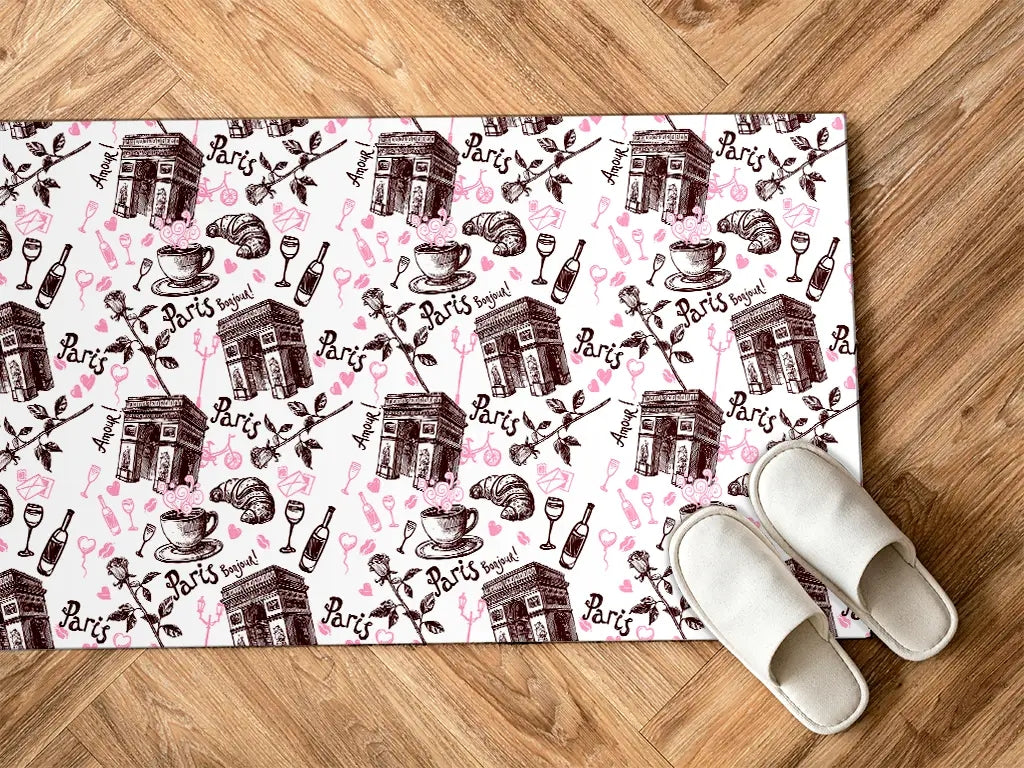 Paris Romance vinyl floor mat with symbols of France – Water-Resistant & Non-Slip for Bathroom, Kitchen, Hallway – 70 cm Width | By the Meter