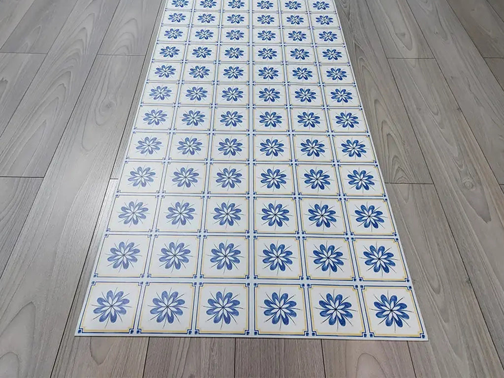 Spanish Talavera vinyl floor mat with blue flowers tiles – Water-Resistant & Non-Slip for Bathroom, Kitchen, Hallway – 70 cm Width | By the Meter
