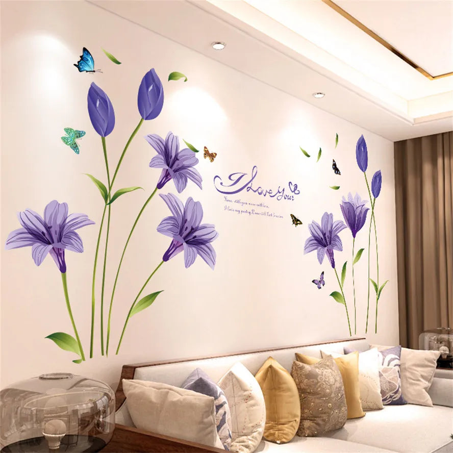 Decorative floral wall stickers applied in living room interior