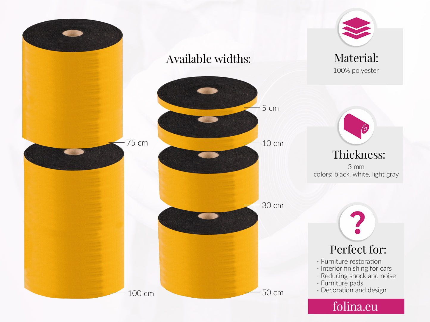 3 mm thick black polyester felt | Felt with adhesive | Available in multiple widths  | By the Meter