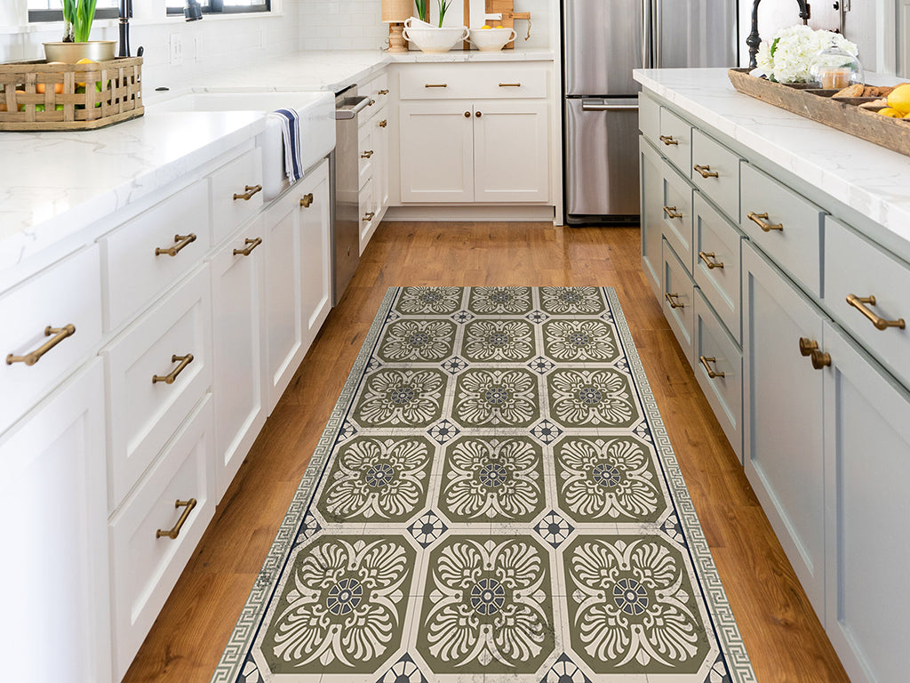 Mediterranean vinyl floor mat with vintage tiles – Water-Resistant & Non-Slip for Bathroom, Kitchen, Hallway – 70 cm Width | By the Meter