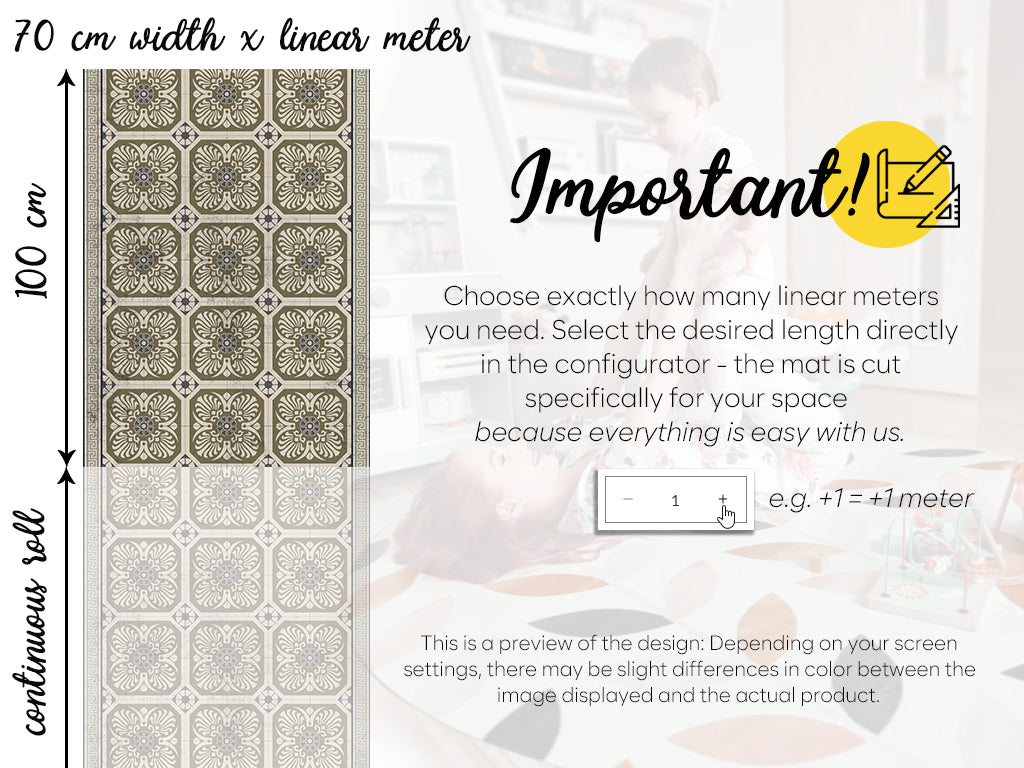 Mediterranean vinyl floor mat with vintage tiles – Water-Resistant & Non-Slip for Bathroom, Kitchen, Hallway – 70 cm Width | By the Meter