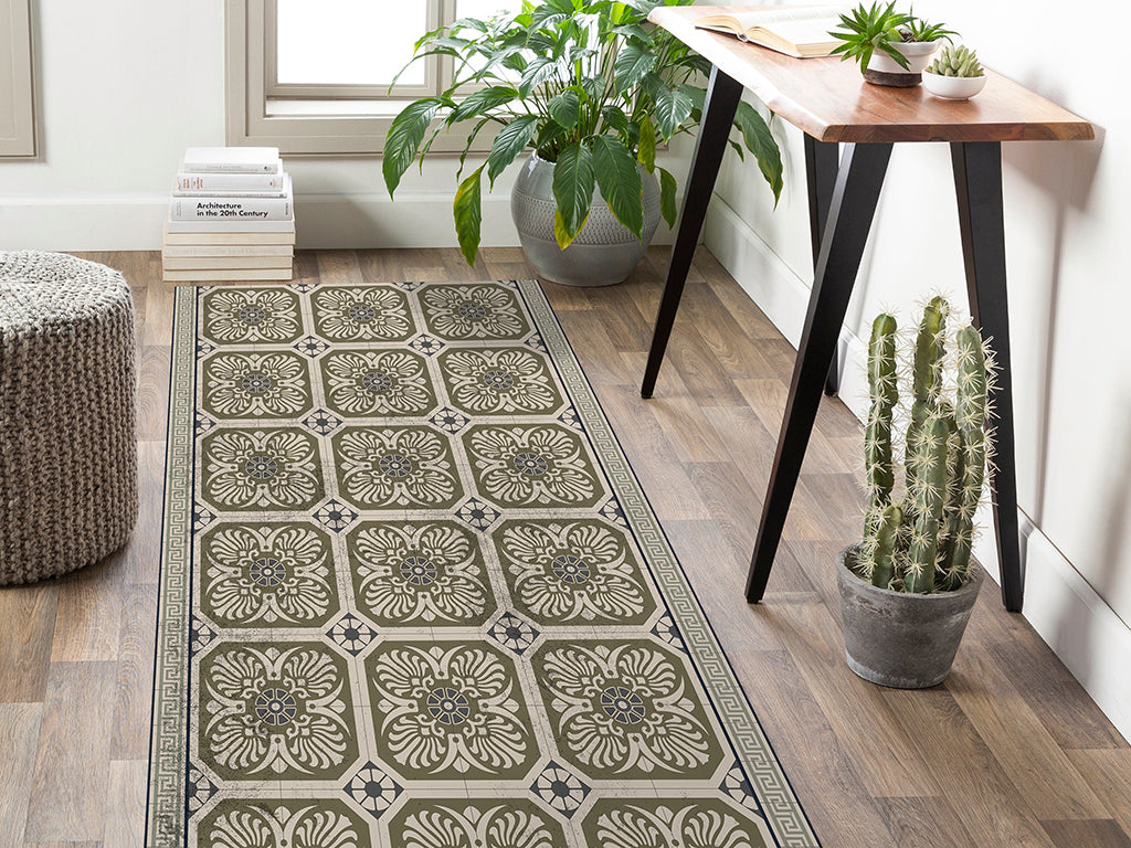 Mediterranean vinyl floor mat with vintage tiles – Water-Resistant & Non-Slip for Bathroom, Kitchen, Hallway – 70 cm Width | By the Meter