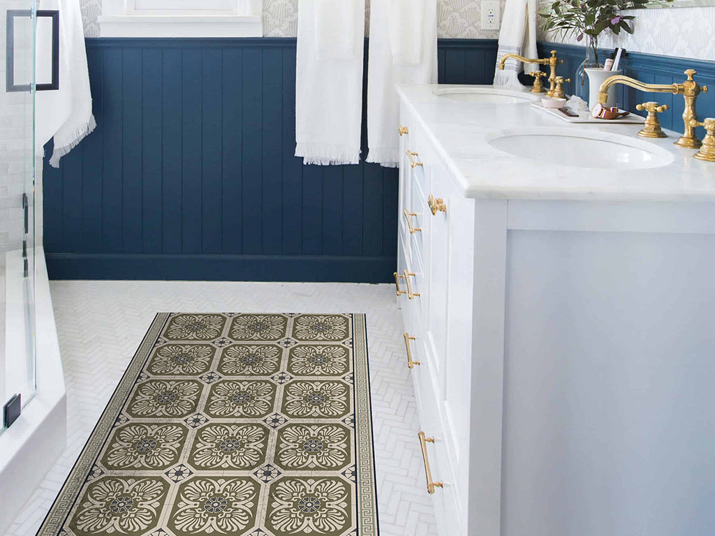 Mediterranean vinyl floor mat with vintage tiles – Water-Resistant & Non-Slip for Bathroom, Kitchen, Hallway – 70 cm Width | By the Meter