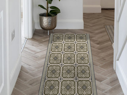 Mediterranean vinyl floor mat with vintage tiles – Water-Resistant & Non-Slip for Bathroom, Kitchen, Hallway – 70 cm Width | By the Meter