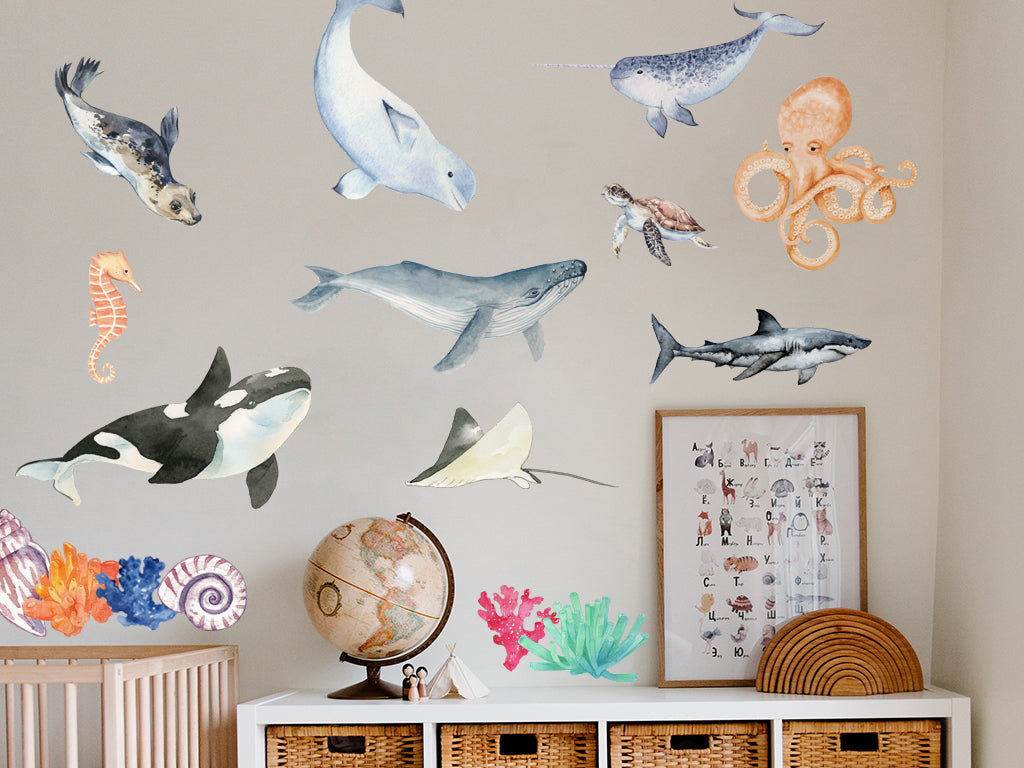 Inspirational Sea World Wall Decal – wall sticker with fish, coral & shells – vinyl decal for Bathroom, Nursery or Living Room