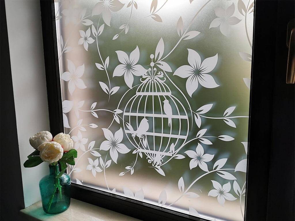 Self-adhesive decorative frosted window film Bird Garden with white floral pattern
