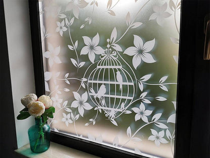 Self-adhesive decorative frosted window film Bird Garden with white floral pattern