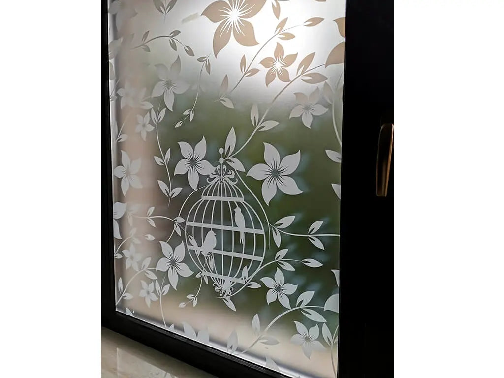 Self-adhesive decorative frosted window film Bird Garden with white floral pattern
