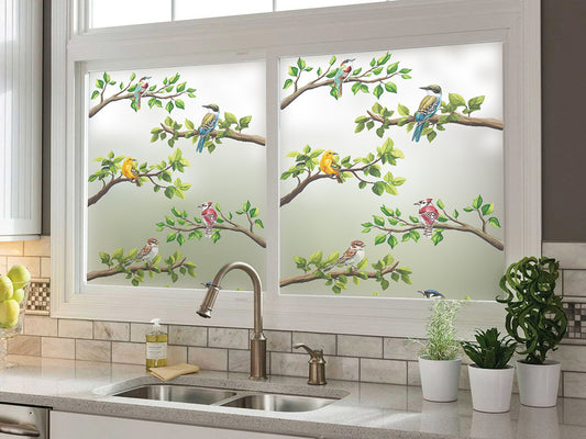 Self-adhesive decorative frosted window film Buzunew with branches and colorful birds