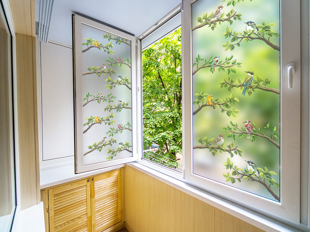 Self-adhesive decorative frosted window film Buzunew with branches and colorful birds