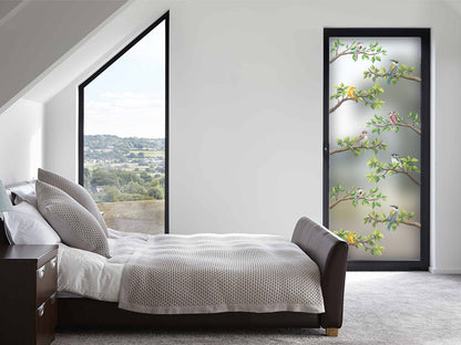 Self-adhesive decorative frosted window film Buzunew with branches and colorful birds