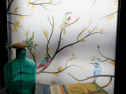 Self-adhesive decorative frosted window film Buzunie with branches and birds