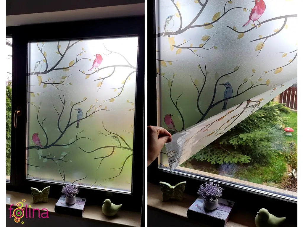 Self-adhesive decorative frosted window film Buzunie with branches and birds