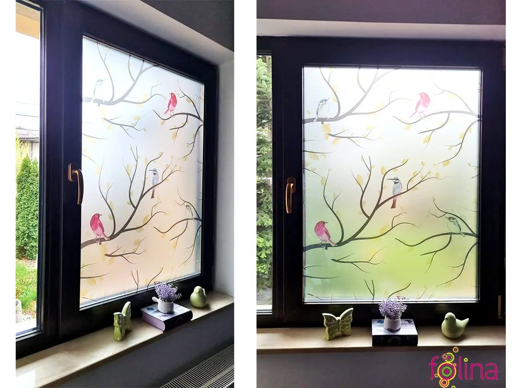 Self-adhesive decorative frosted window film Buzunie with branches and birds