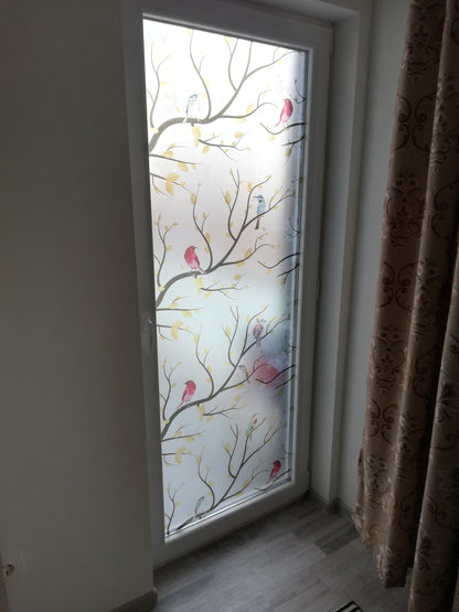 Self-adhesive decorative frosted window film Buzunie with branches and birds