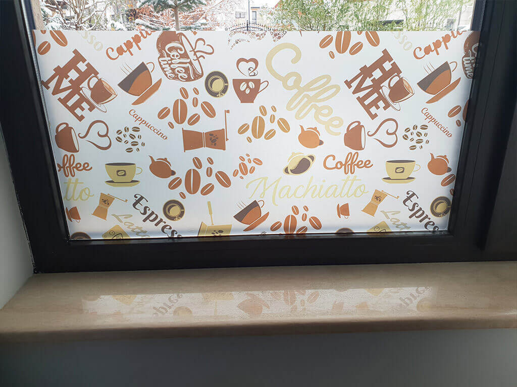 Self-adhesive decorative frosted window film Coffee Break with coffee pattern