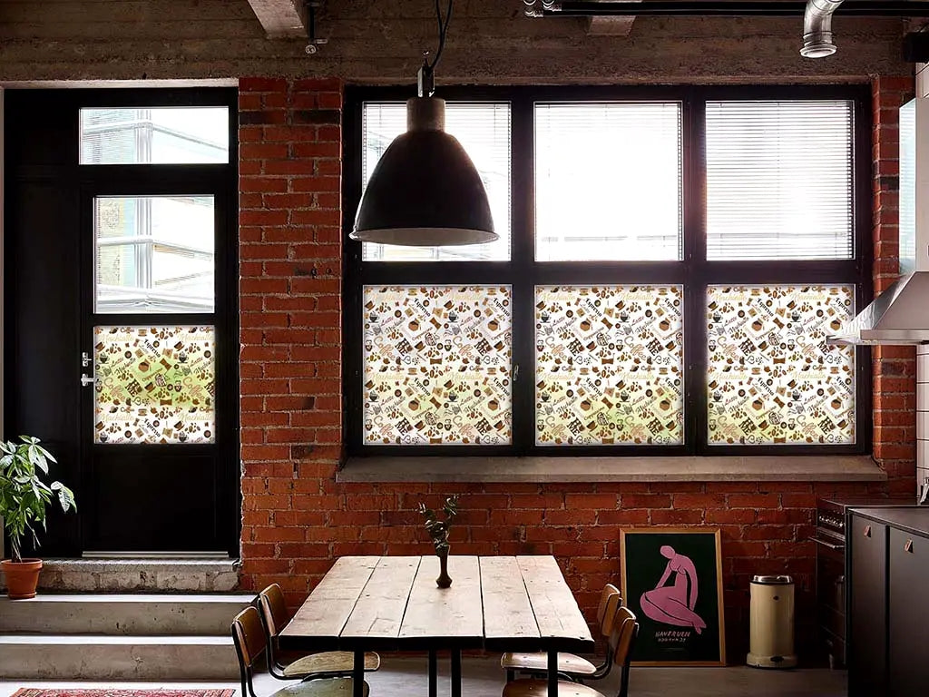 Self-adhesive decorative frosted window film Coffee Break with coffee pattern