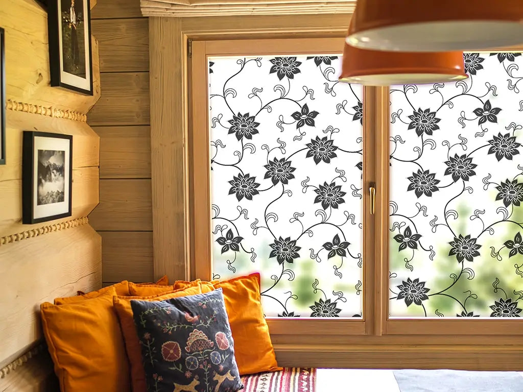 Self-adhesive decorative frosted window film Dora with black floral pattern