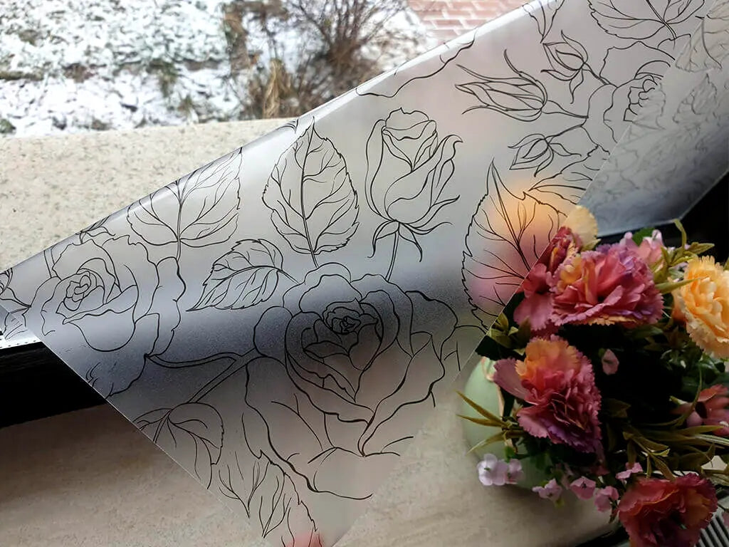 Self-adhesive decorative frosted window film Jaide with black roses pattern