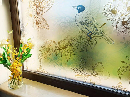 Self-adhesive decorative frosted window film Kalea with birds pattern and flowering branches