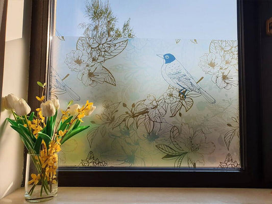 Self-adhesive decorative frosted window film Kalea with birds pattern and flowering branches