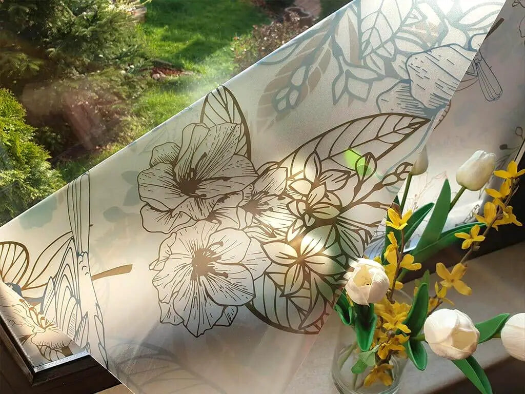 Self-adhesive decorative frosted window film Kalea with birds pattern and flowering branches