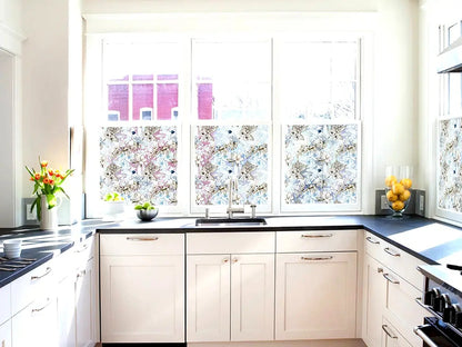 Self-adhesive decorative frosted window film Kalea with birds pattern and flowering branches