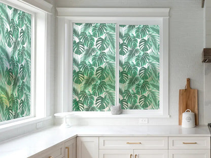 Self-adhesive decorative frosted window film Palmas with tropical pattern with green leaves