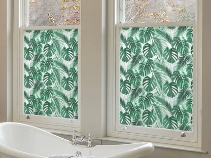 Self-adhesive decorative frosted window film Palmas with tropical pattern with green leaves