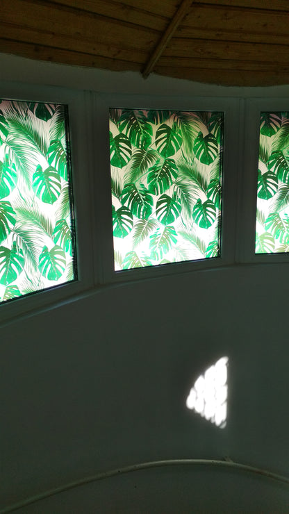 Self-adhesive decorative frosted window film Palmas with tropical pattern with green leaves