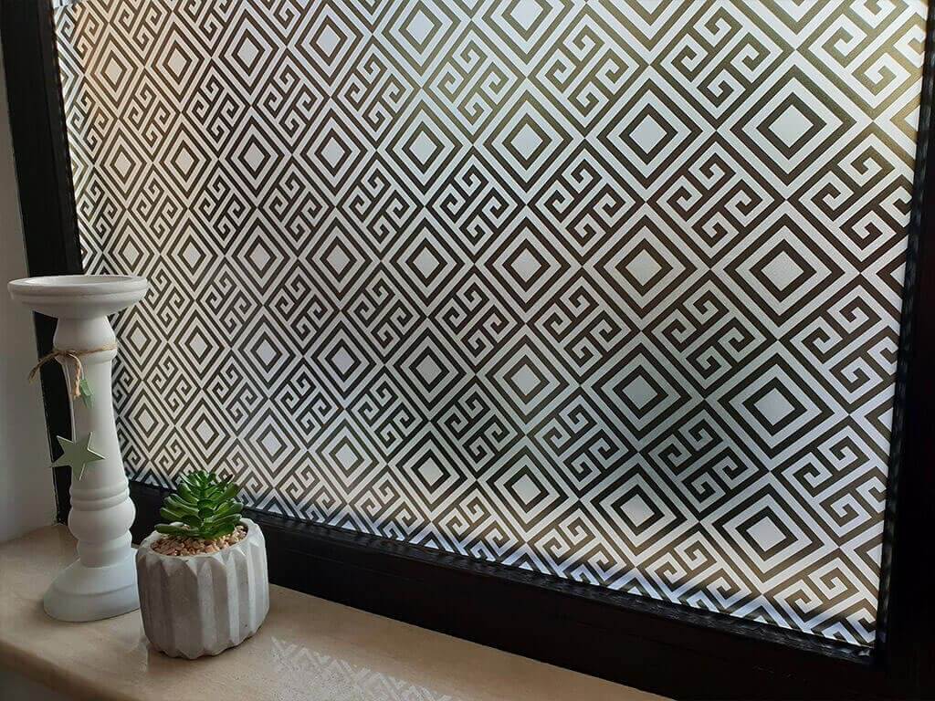 Self-adhesive decorative frosted window film Renata with black geometric pattern