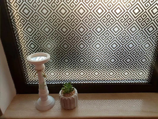 Self-adhesive decorative frosted window film Renata with black geometric pattern