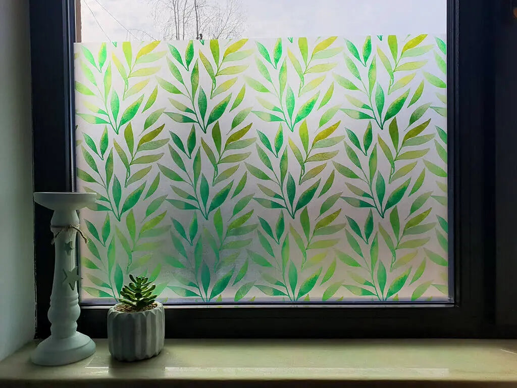 Self-adhesive decorative frosted window film Valeria with green leaves pattern