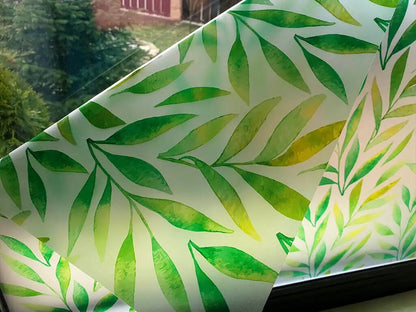 Self-adhesive decorative frosted window film Valeria with green leaves pattern