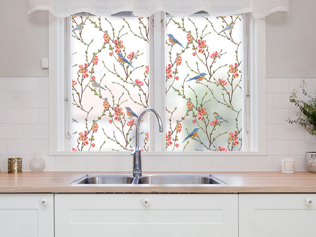 Self-adhesive decorative frosted window film Veneciano with branches and birds