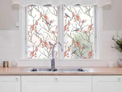 Self-adhesive decorative frosted window film Veneciano with branches and birds
