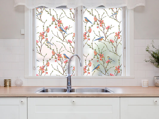Self-adhesive decorative frosted window film Veneciano with branches and birds