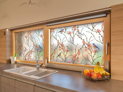 Self-adhesive decorative frosted window film Veneciano with branches and birds