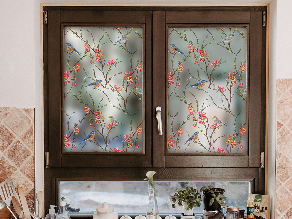 Self-adhesive decorative frosted window film Veneciano with branches and birds